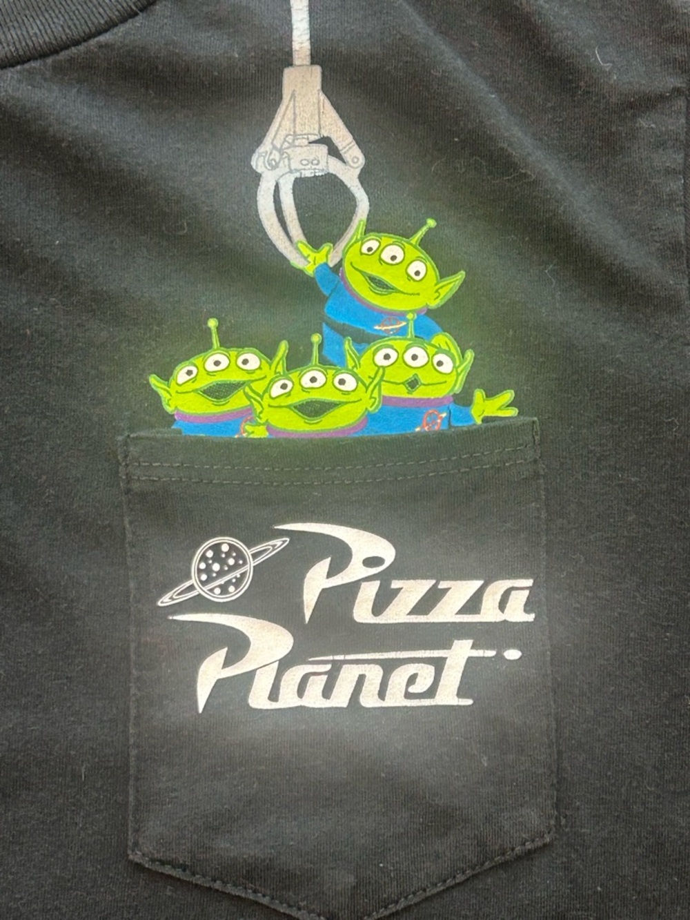 Disney Pixar black crewneck Toy Story Pizza Planet the claw one pocket tee SM - Picture 5 of 7